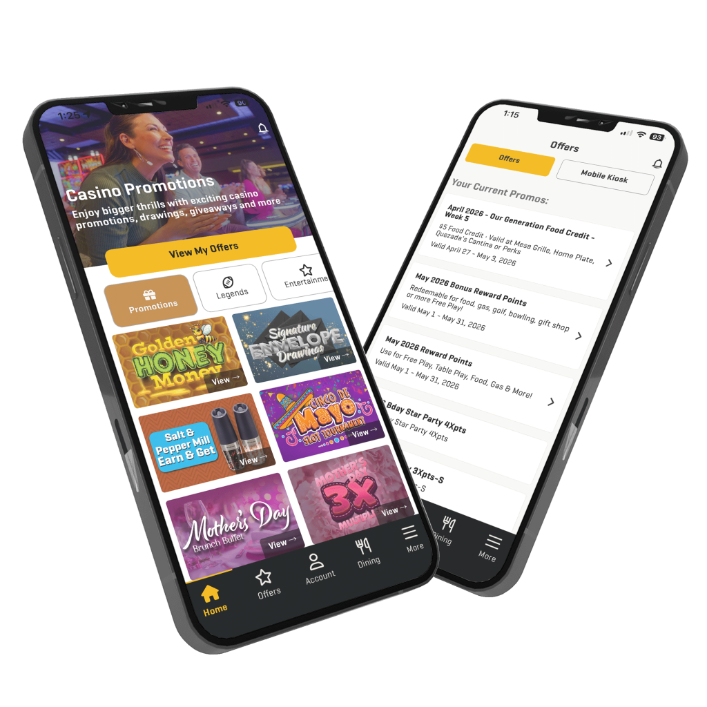 Two iPhones with the app home screen and offers screen